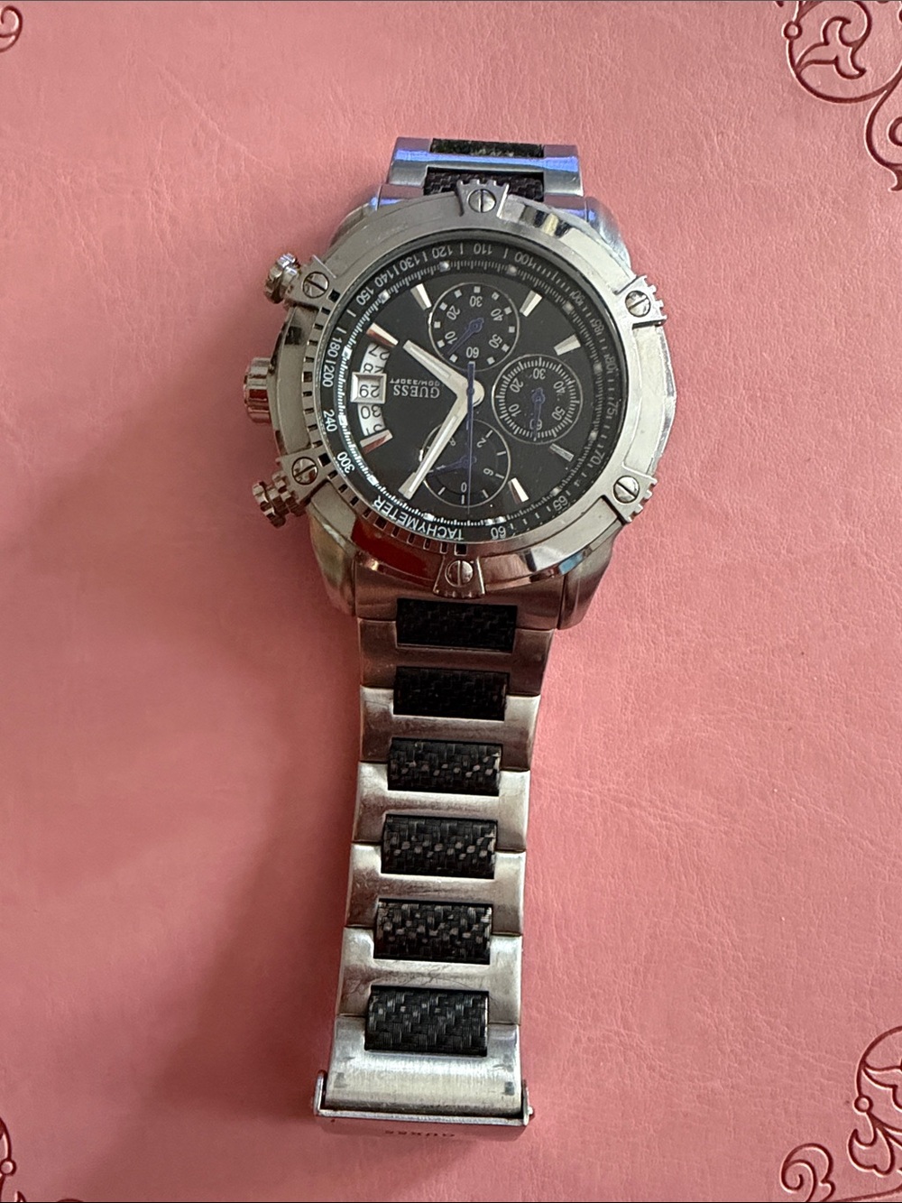 GUESS Silver Stainless Steel Chronograph Watch with Black Dial